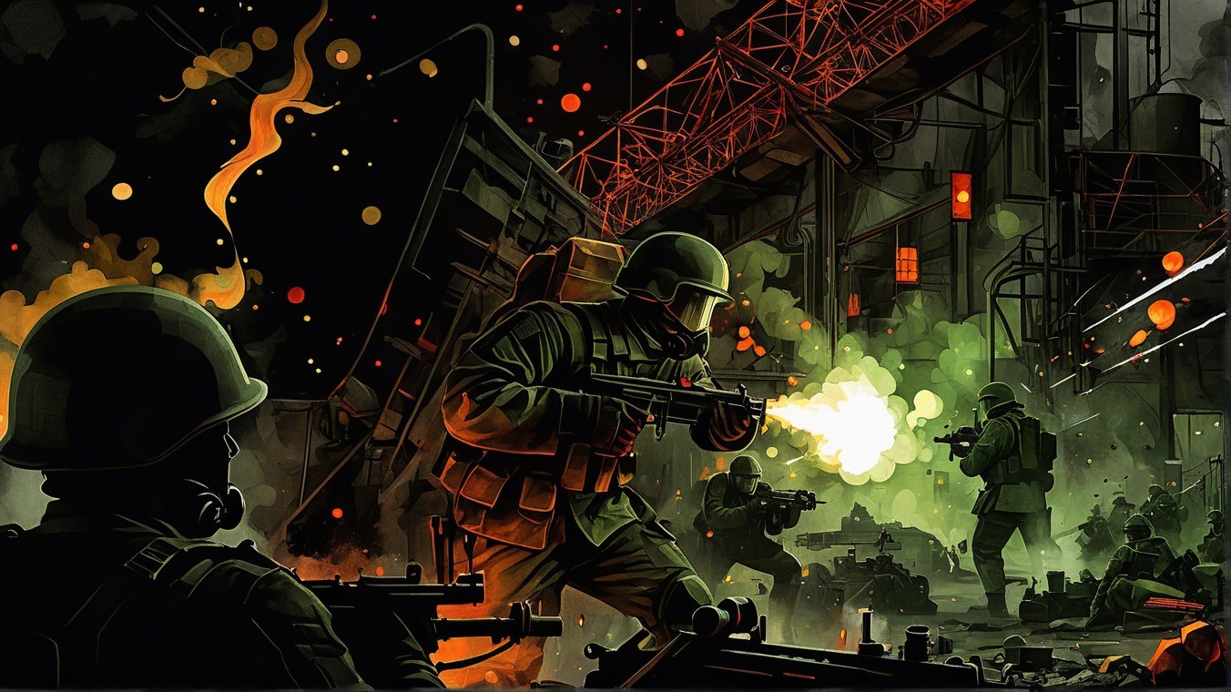 Tense Battlefield Scene with Soldiers in Combat