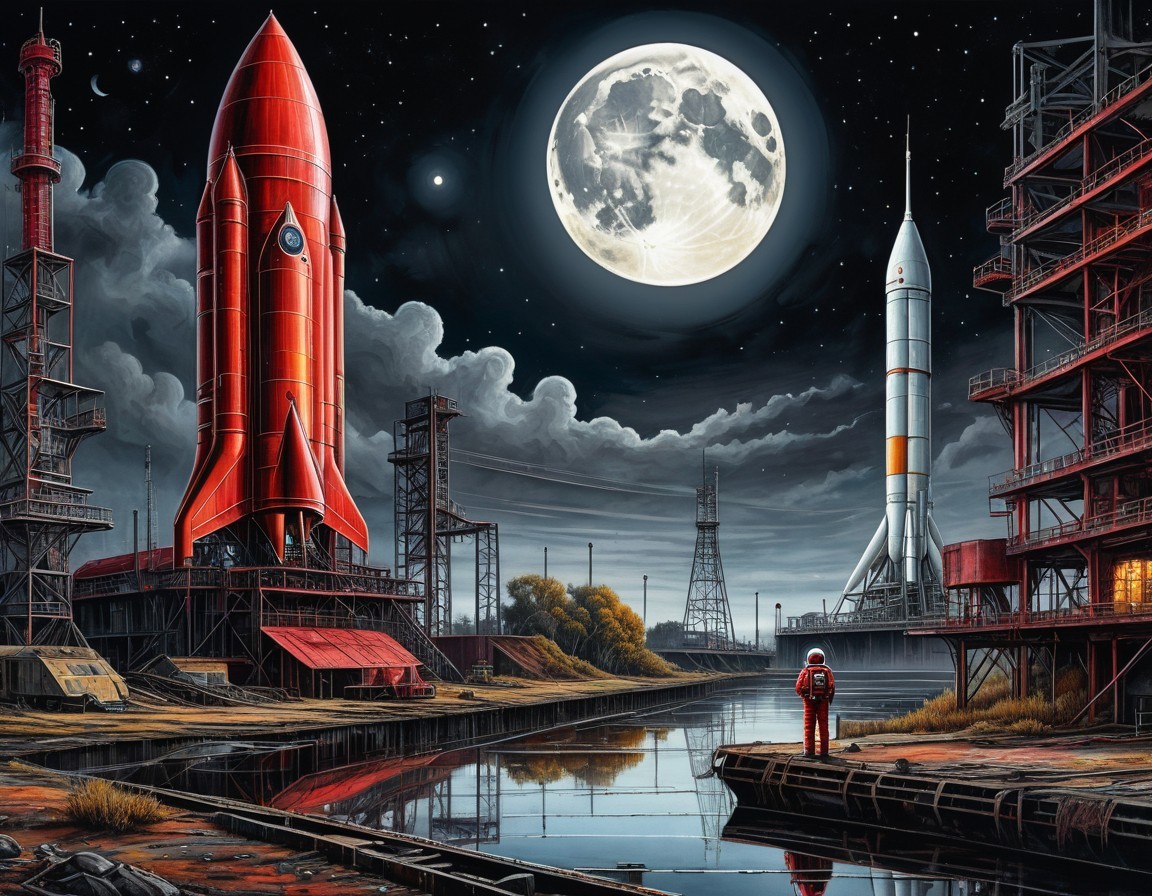 Nighttime Space Launch Facility with Rockets and Moonlight