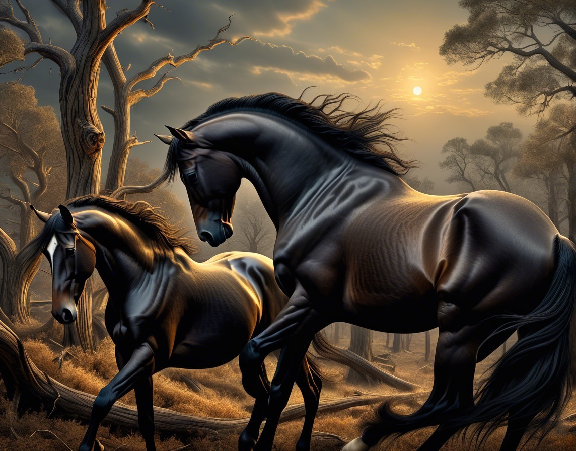 Twilight Landscape with Black Horses and Gentle Hills
