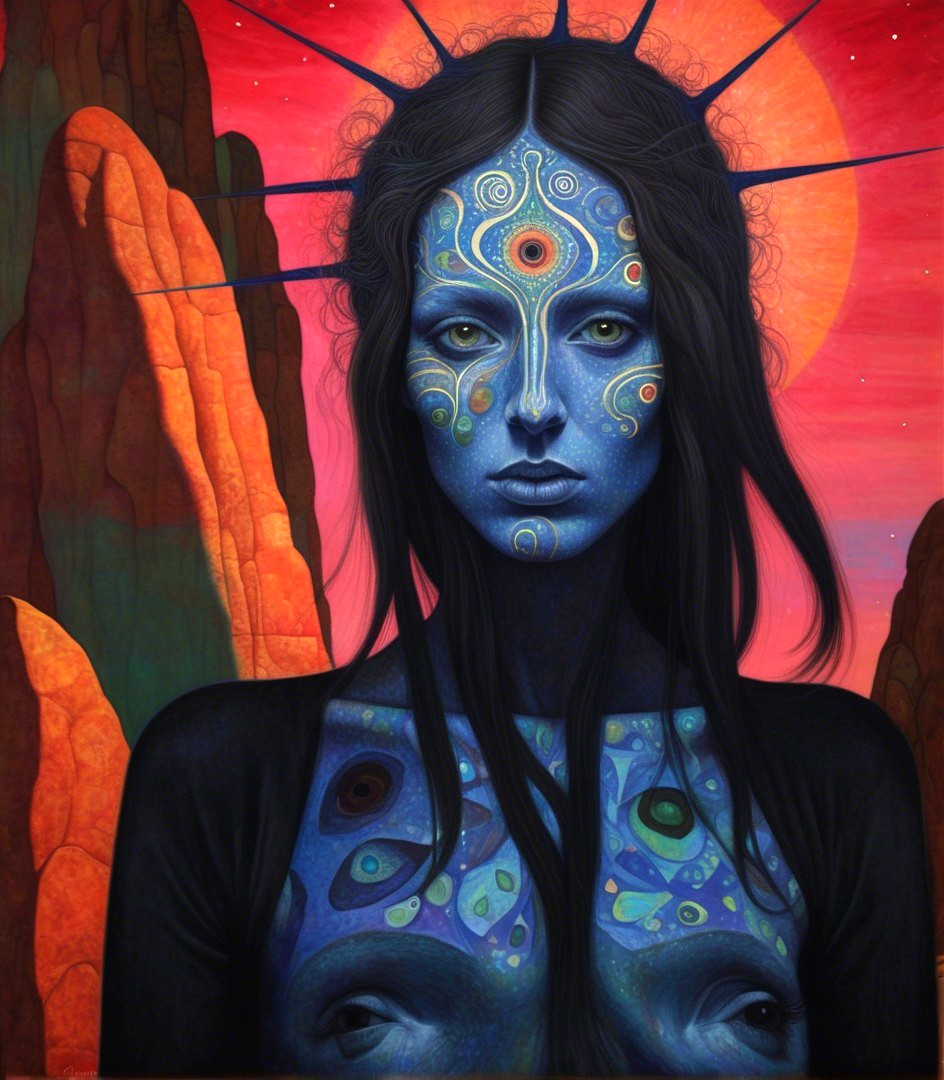 Woman with Blue Body Paint and Vibrant Sunset Background