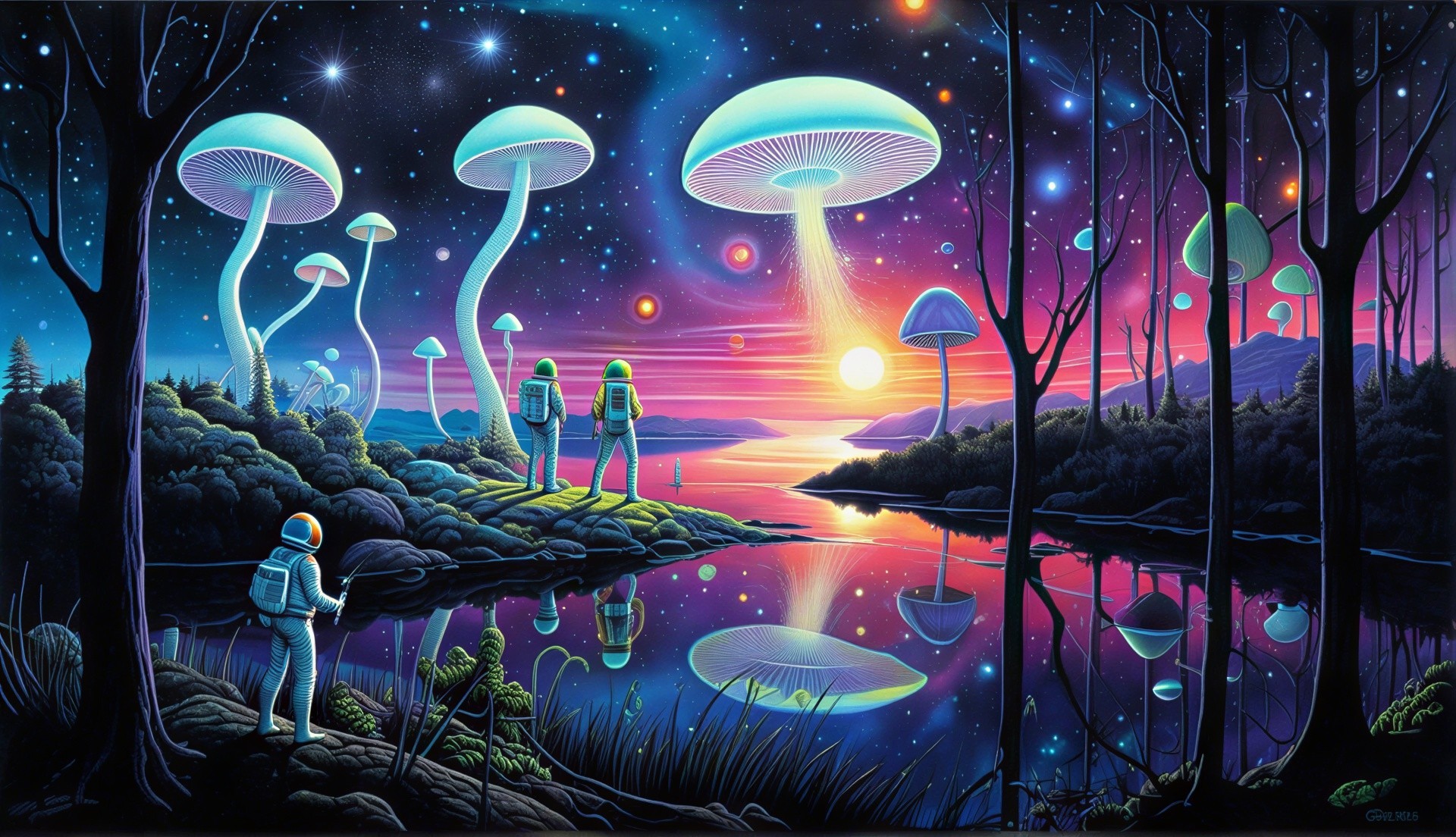 Astronauts on an Alien World with Glowing Flora and Sunset