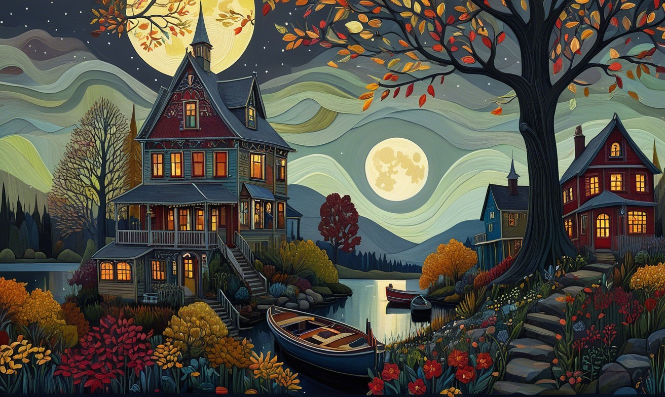 Charming Night Scene with House and Autumn Foliage