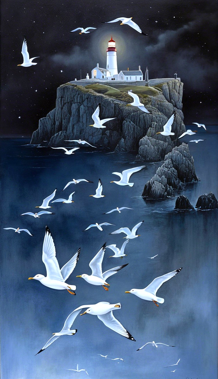 Serene Night Scene with Lighthouse and Seagulls
