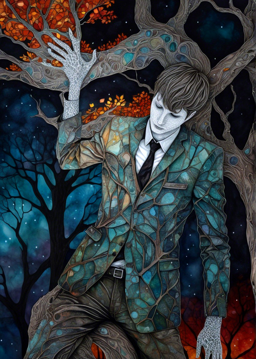 Stylized Figure in Suit Amidst Intricate Tree Design