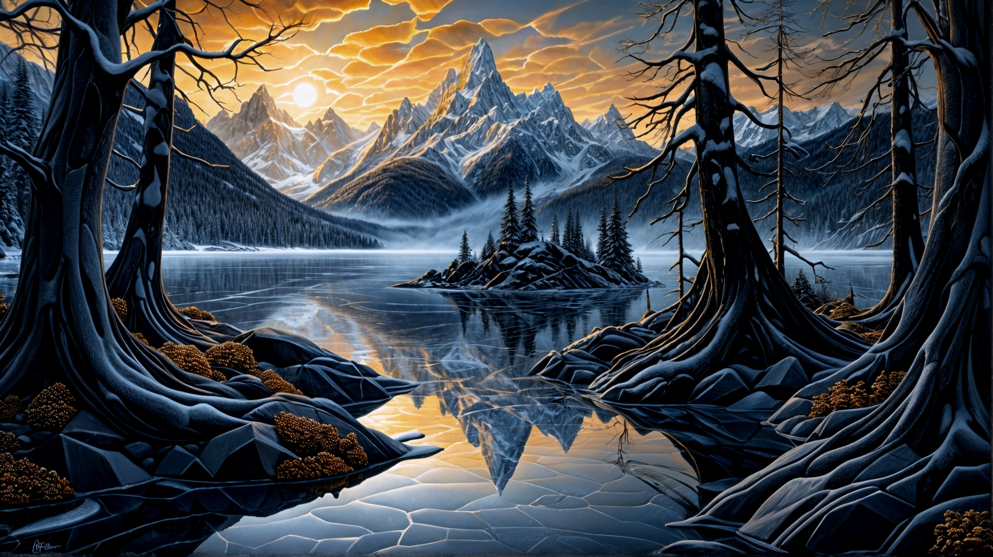 Winter Mountain Landscape with Frozen Lake at Sunrise