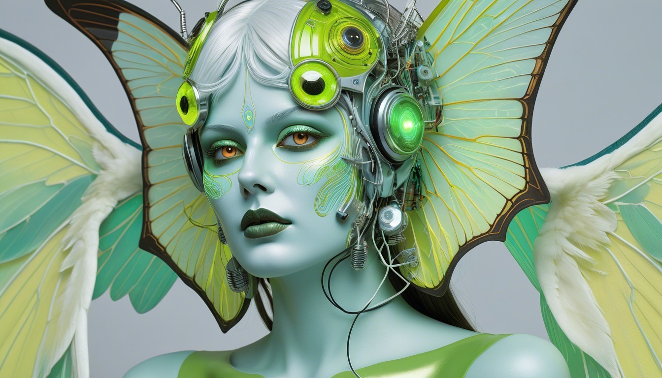 Futuristic Figure with Butterfly Wings and Mechanical Elements