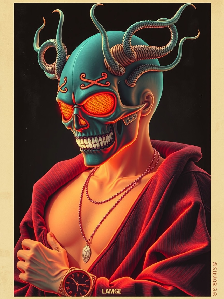Stylized blue skull character with vibrant details