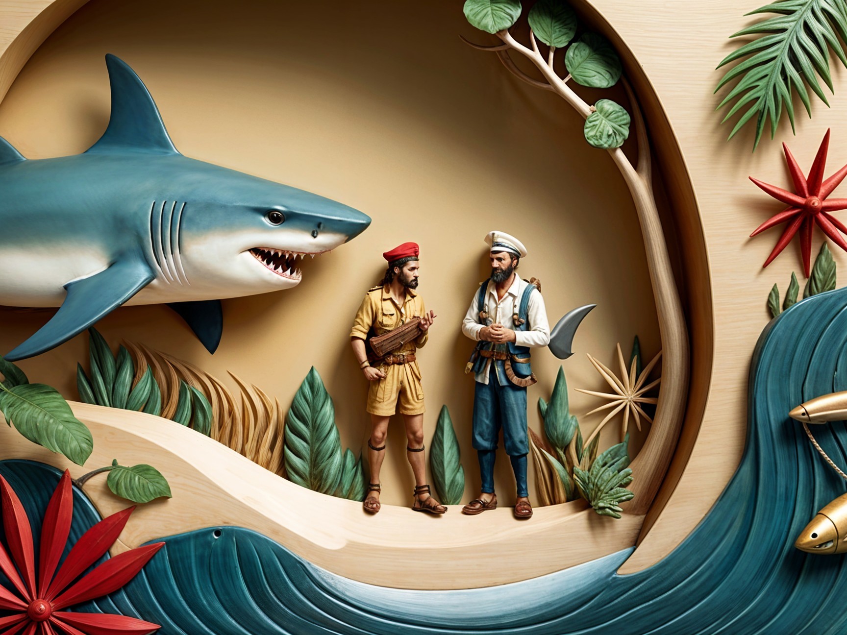 Pirate Figures Conversing on a Tropical Shoreline
