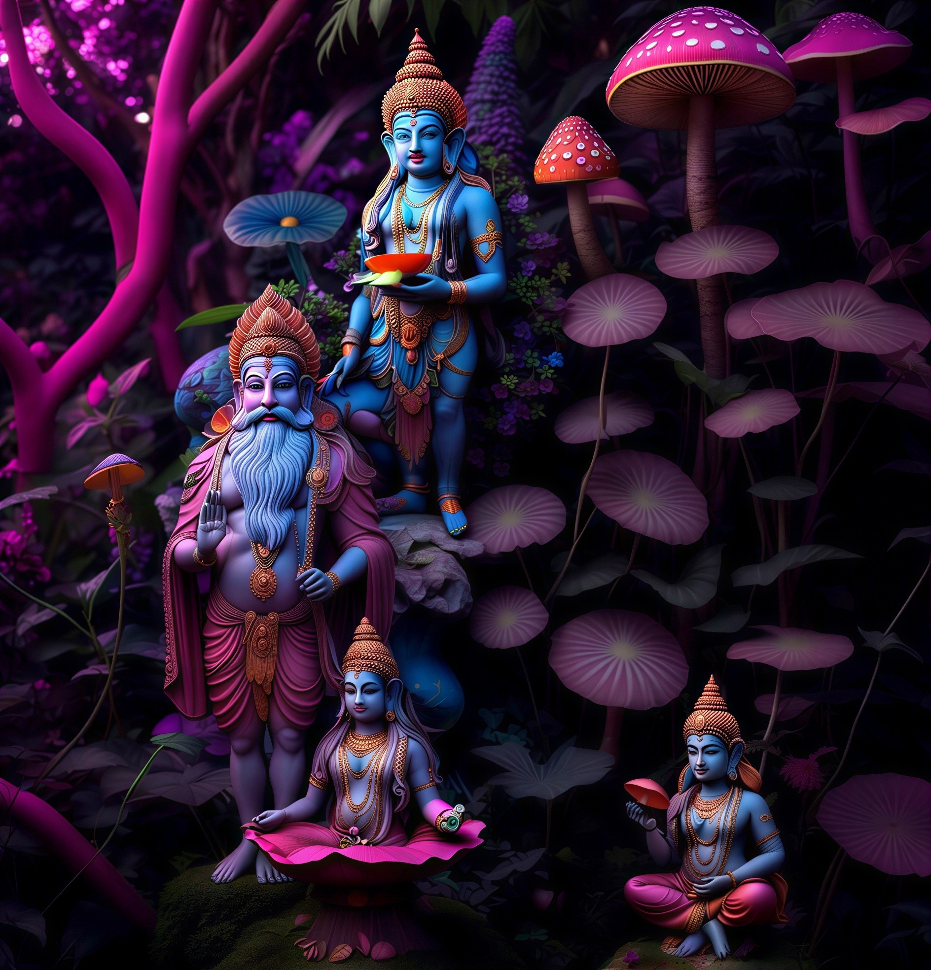 Surreal Night Scene with Colorful Hindu Deity Statues