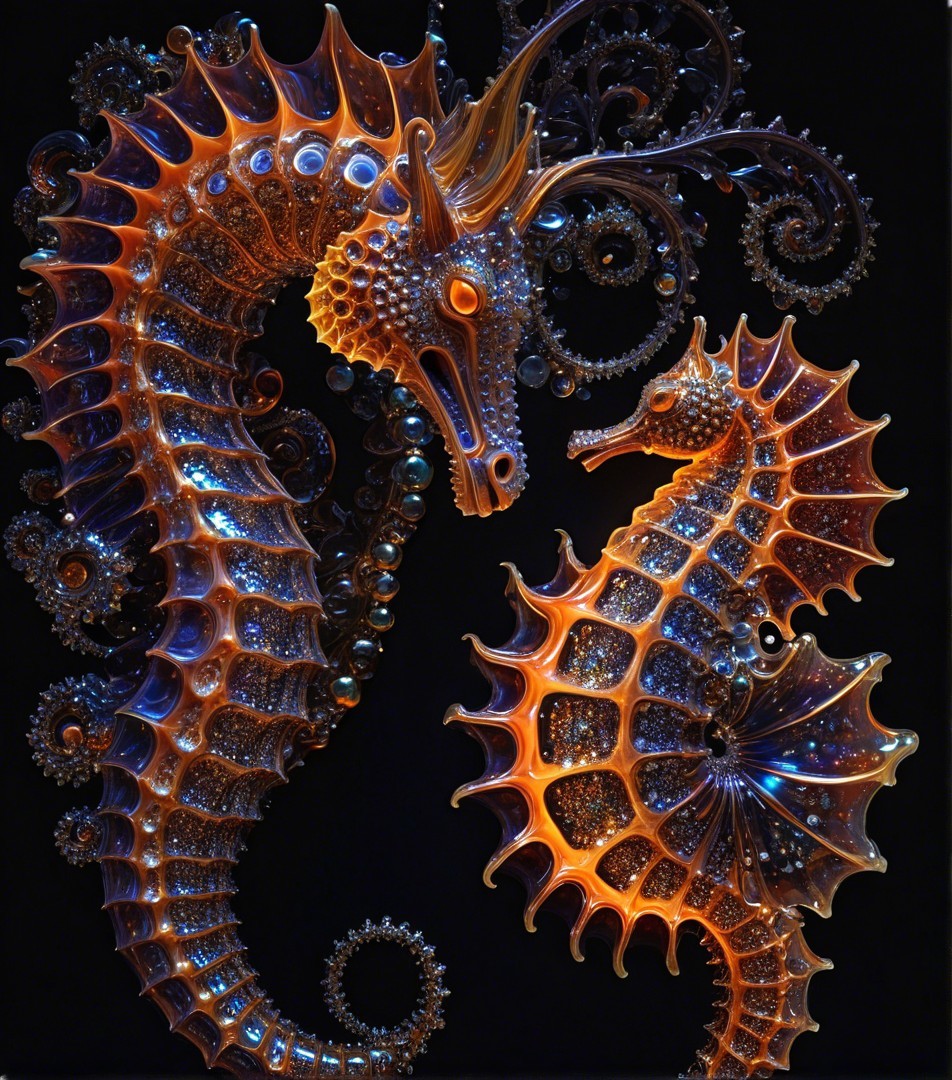 Intricate glass sculpture of ornate seahorses