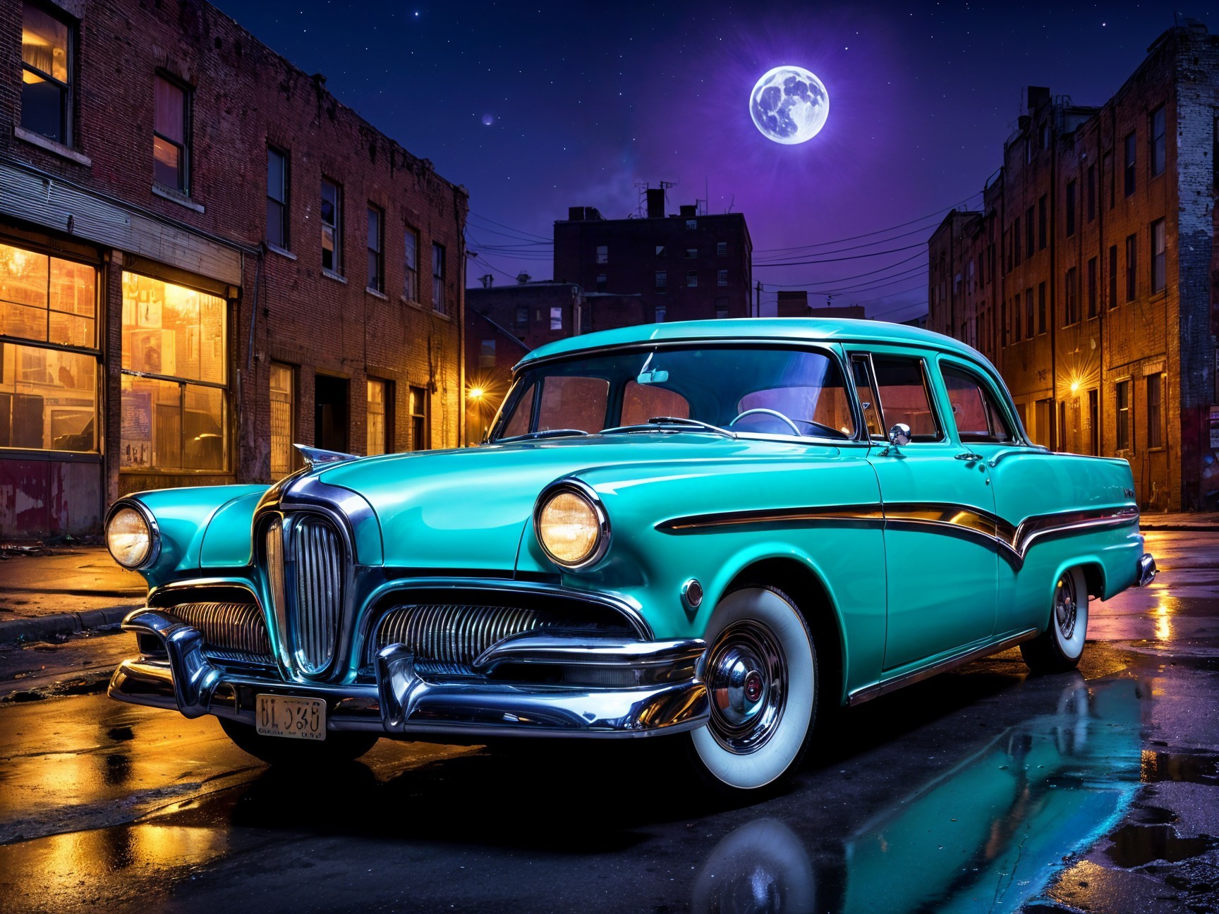 Vintage Turquoise Car in Dimly Lit Urban Alley