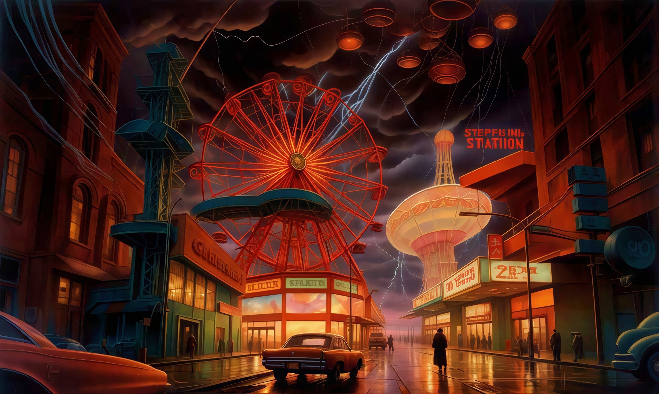 Cyberpunk City Scene with Neon Lights and Ferris Wheel