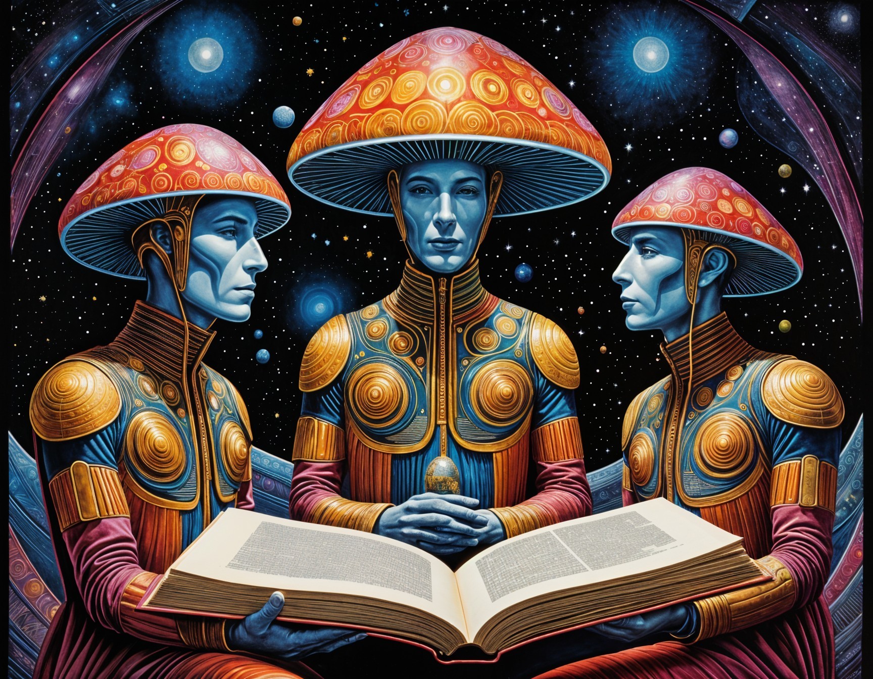 Futuristic figures reading in a cosmic setting