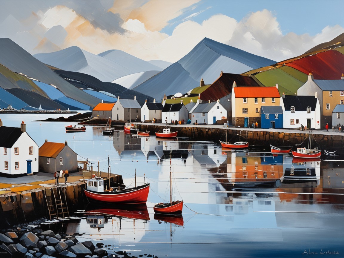 Charming Coastal Scene with Harbor and Mountains