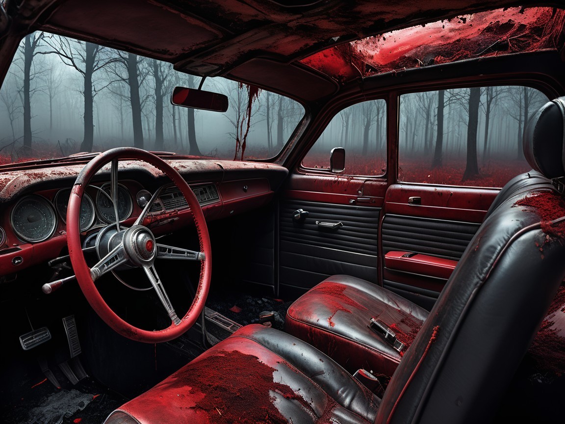 Old Car Interior with Red Hues and Foggy Forest View