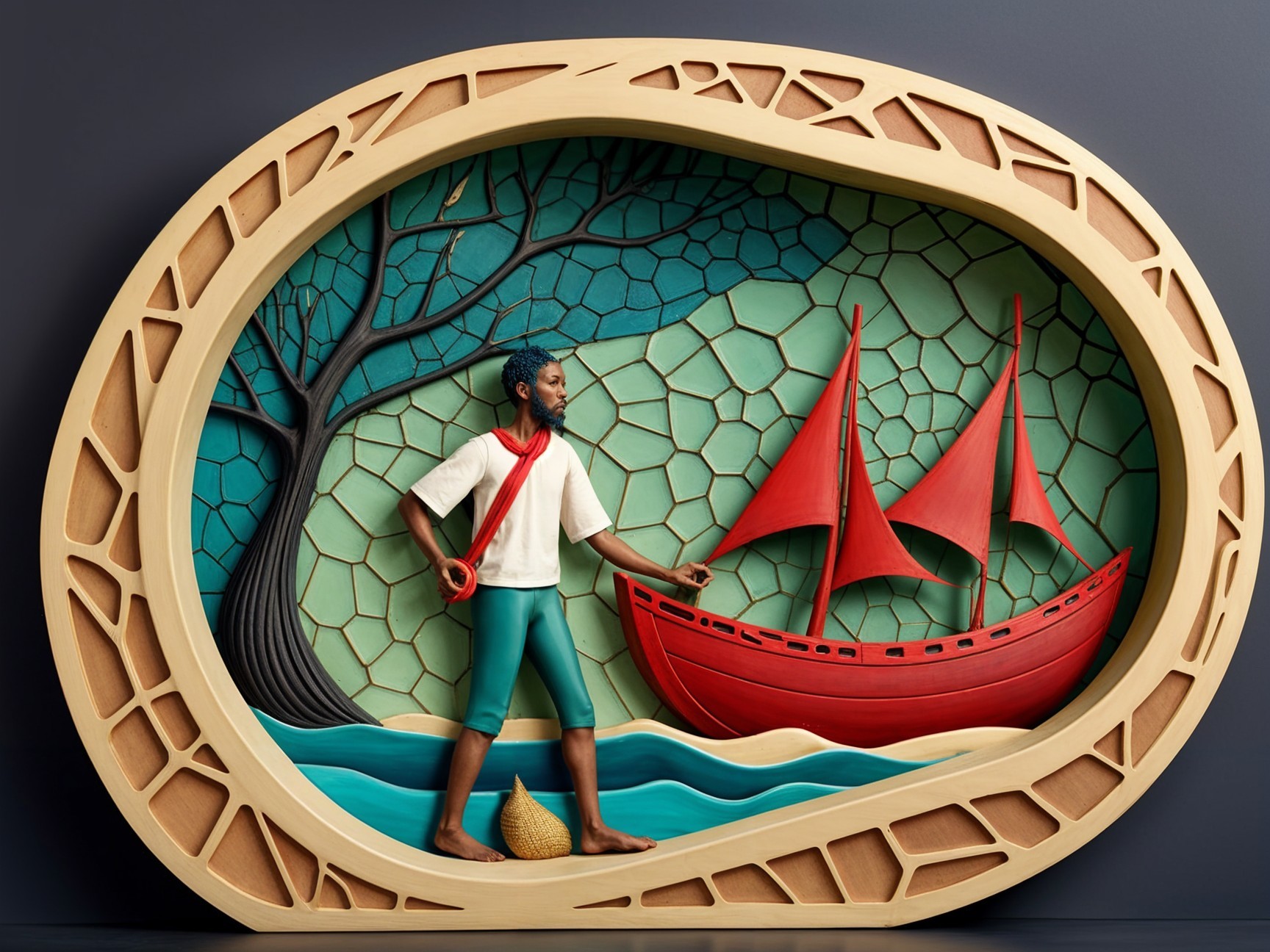 Three-Dimensional Scene with Man by Riverbank