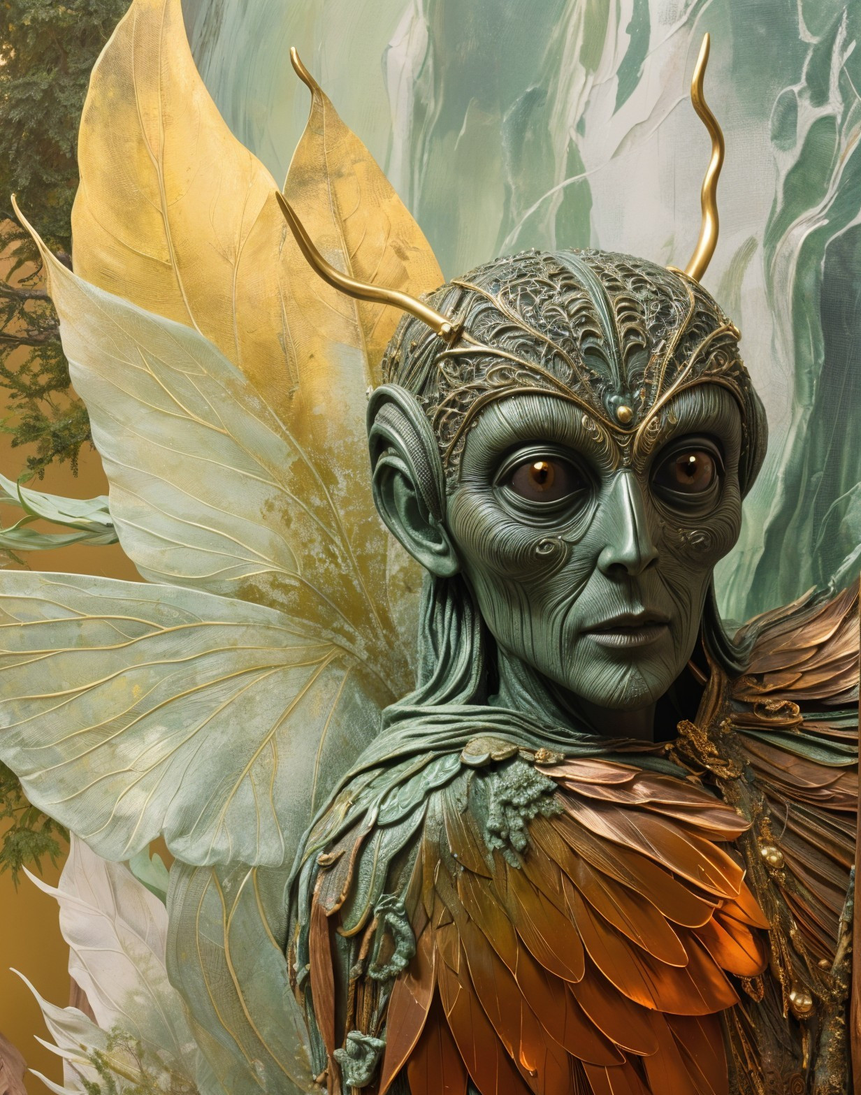 Fantastical figure with green skin and butterfly wings