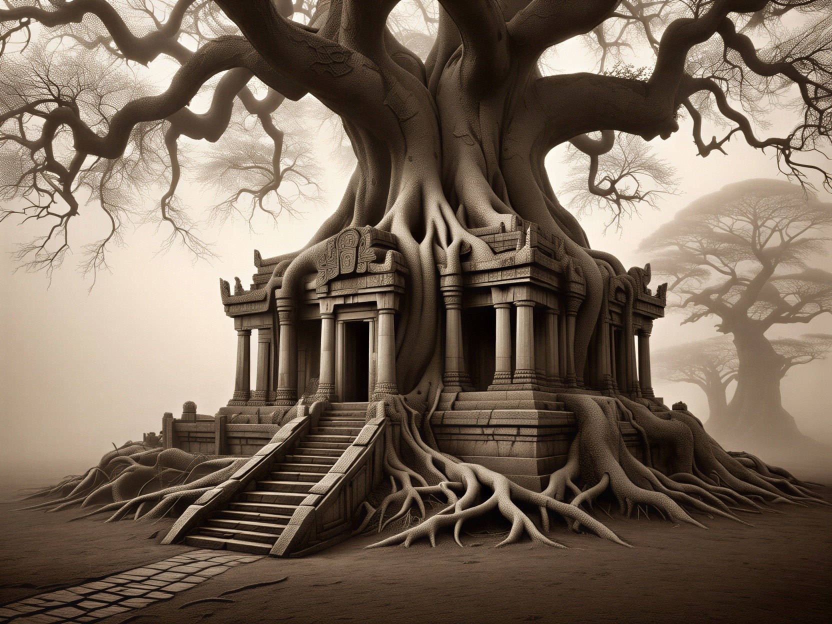 Colossal Tree and Ancient Temple in Ethereal Mist
