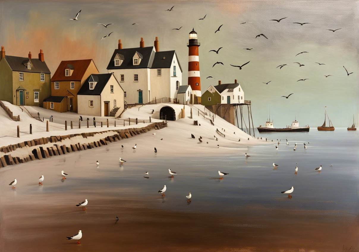 Coastal Winter Scene with Lighthouse and Fishing Boats