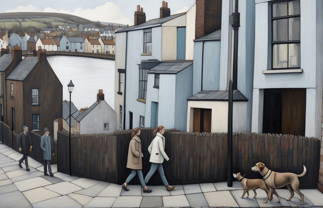 Serene Town Scene with Figures and Pastel Houses