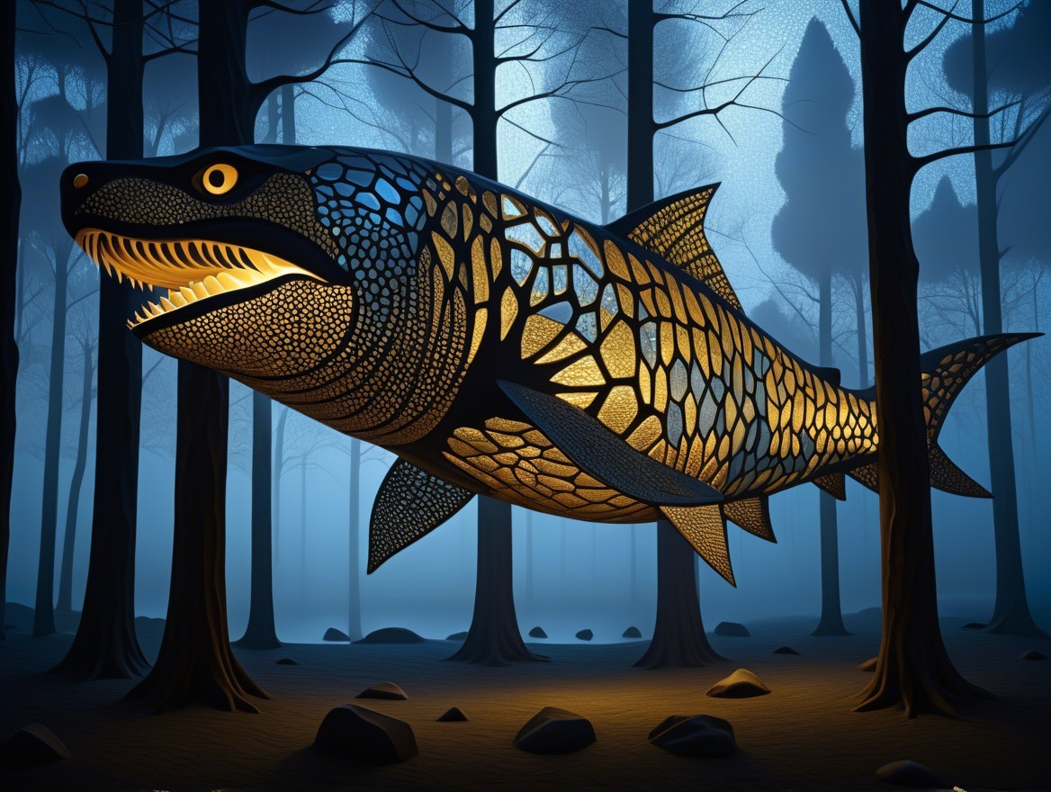 Oversized fish swimming in a mystical blue fog forest