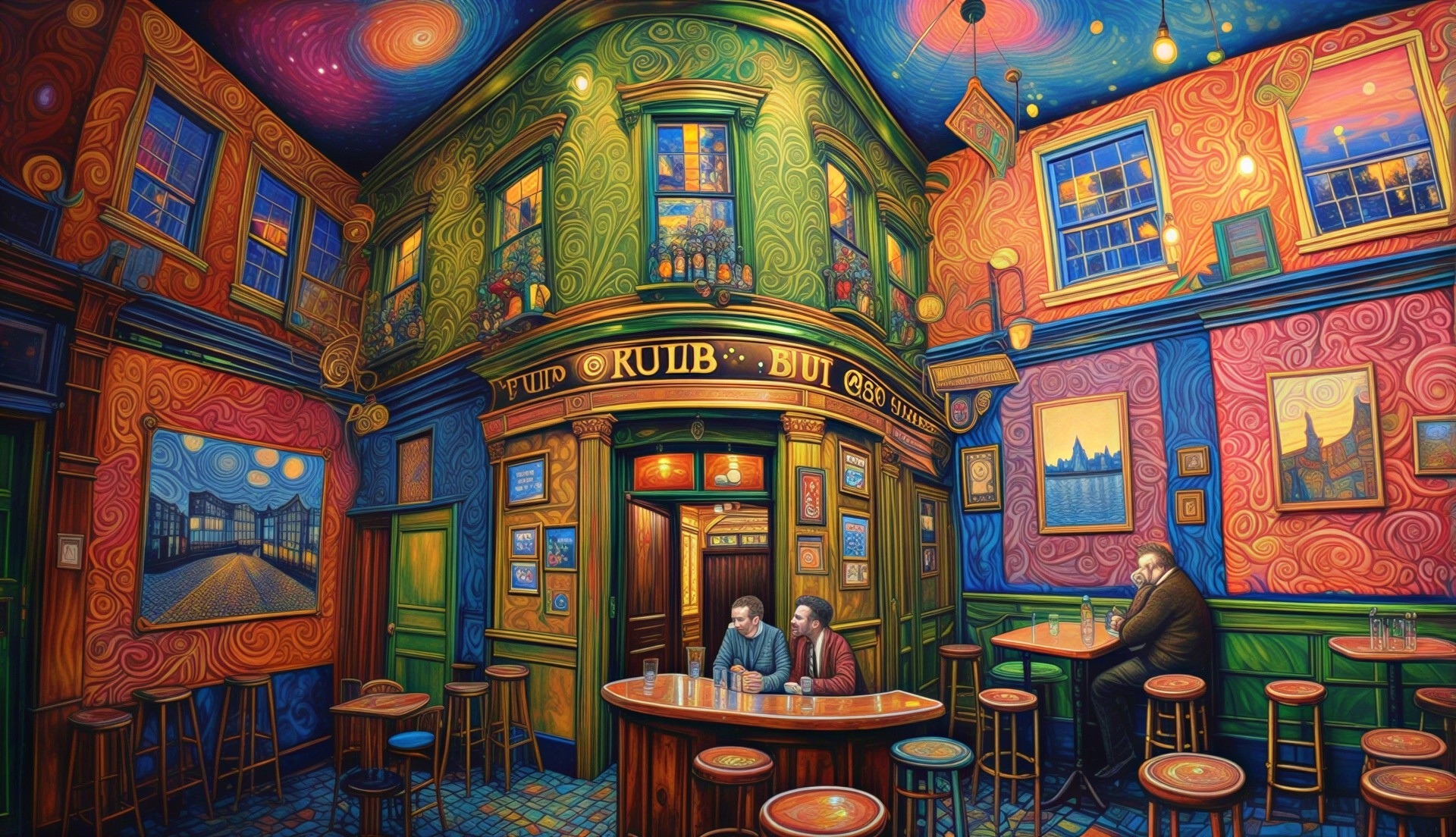 Vibrant Pub Interior with Bold Colors and Art Decor