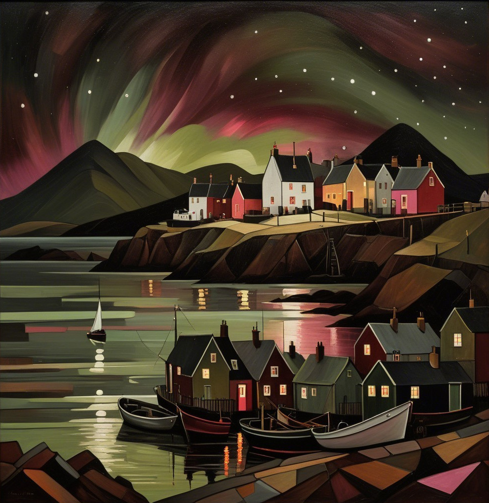 Coastal village under the aurora borealis display