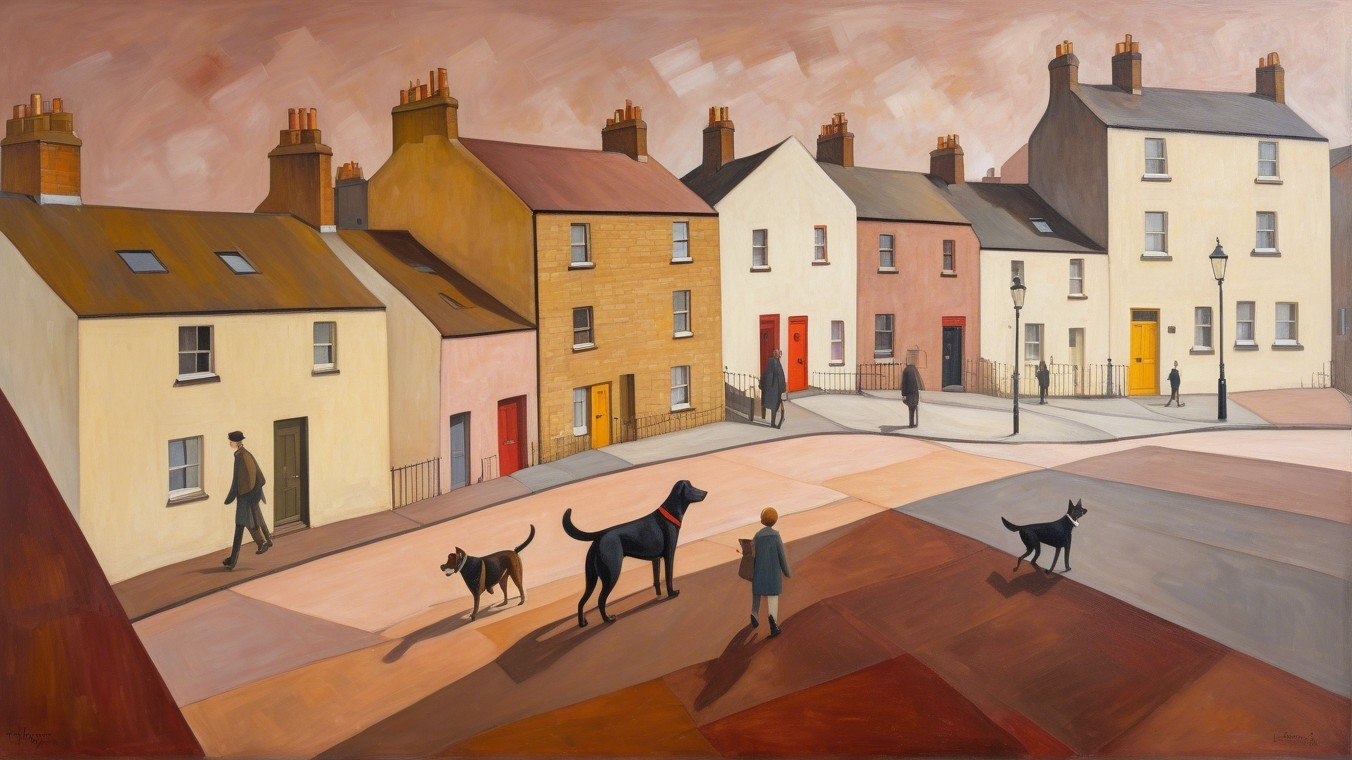 Serene Street Scene with Colorful Houses and People