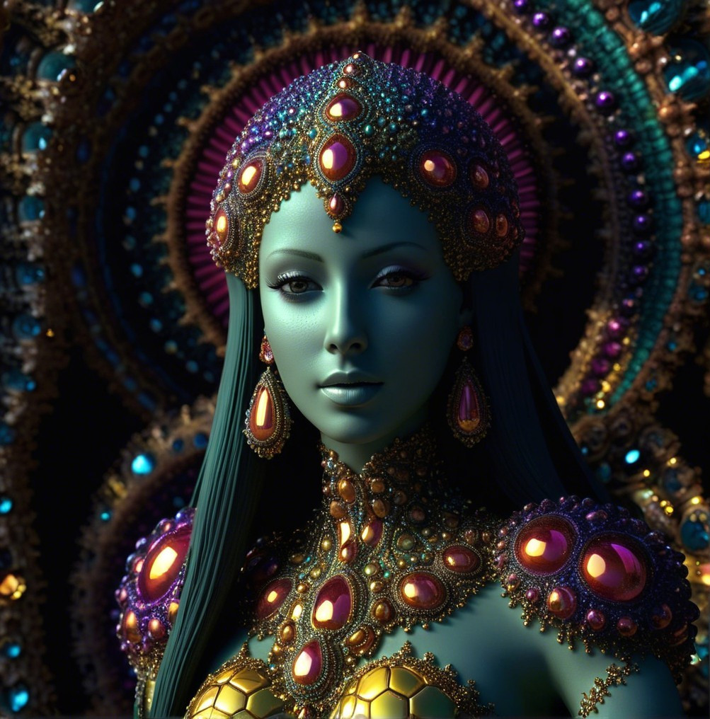 Ethereal Woman in Jewel-Encrusted Attire and Colors