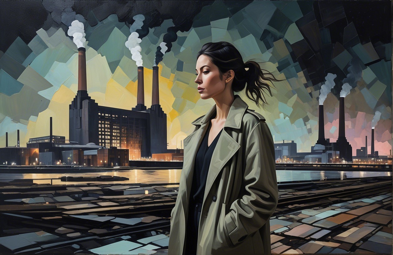 Silhouette of a Reflective Woman Against Industrial Skyline