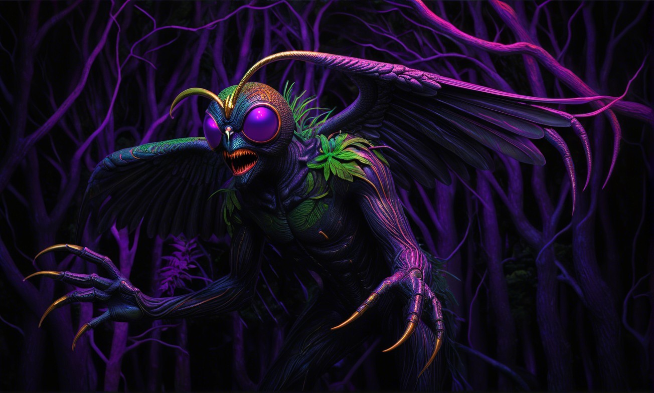 Insect-like Creature in a Dark Forest Setting