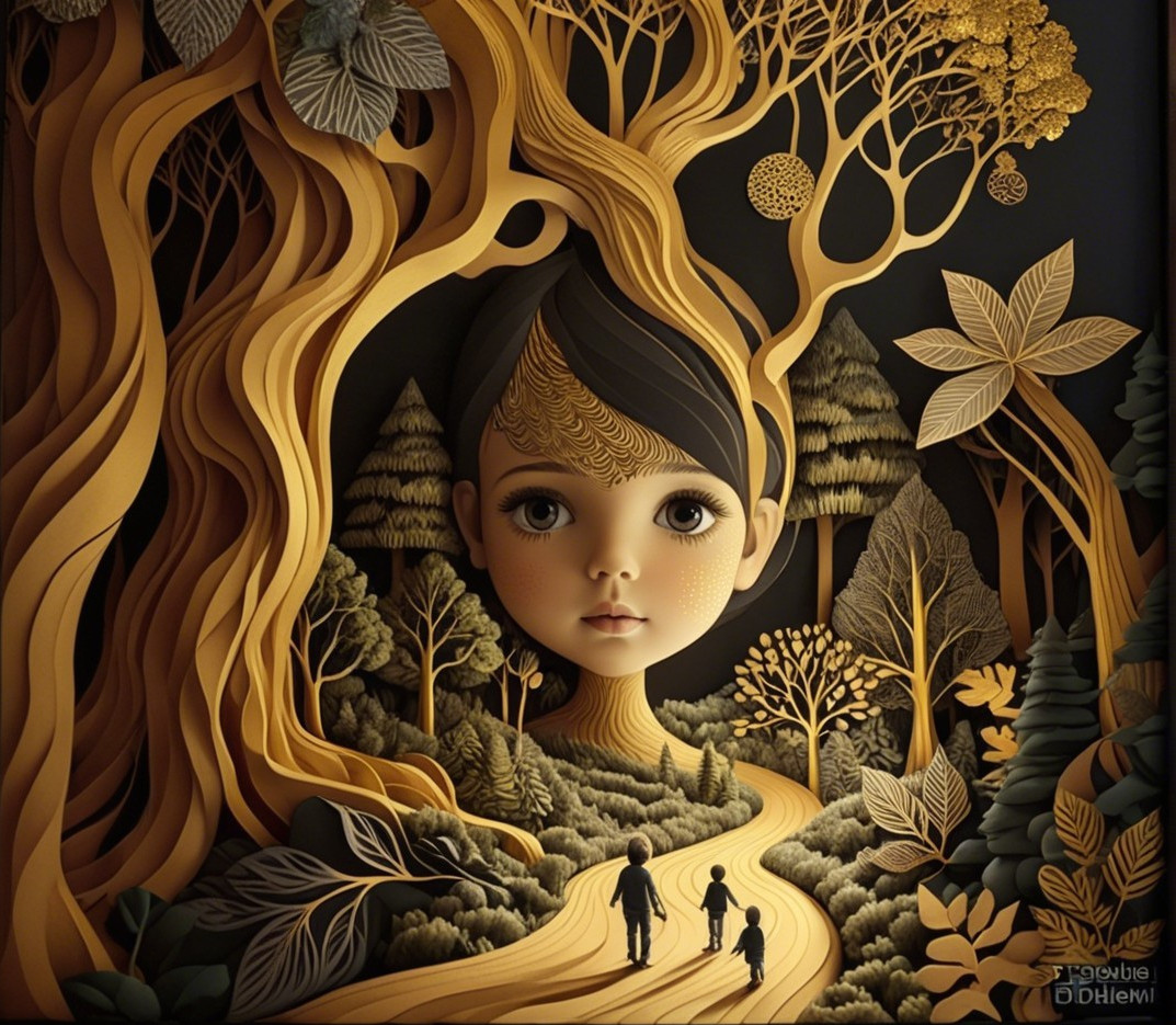 Surreal Landscape with Stylized Face and Vibrant Trees