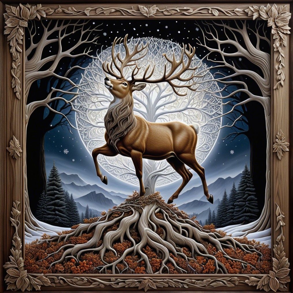 Majestic stag on gnarled roots under full moon