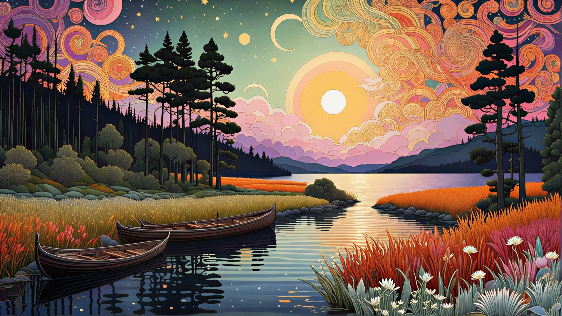 Vibrant Landscape with Lake, Boats, and Sunset Sky