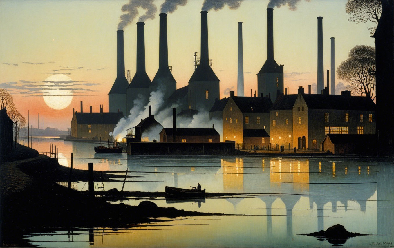 Tranquil Industrial Scene at Dusk with Smokestacks