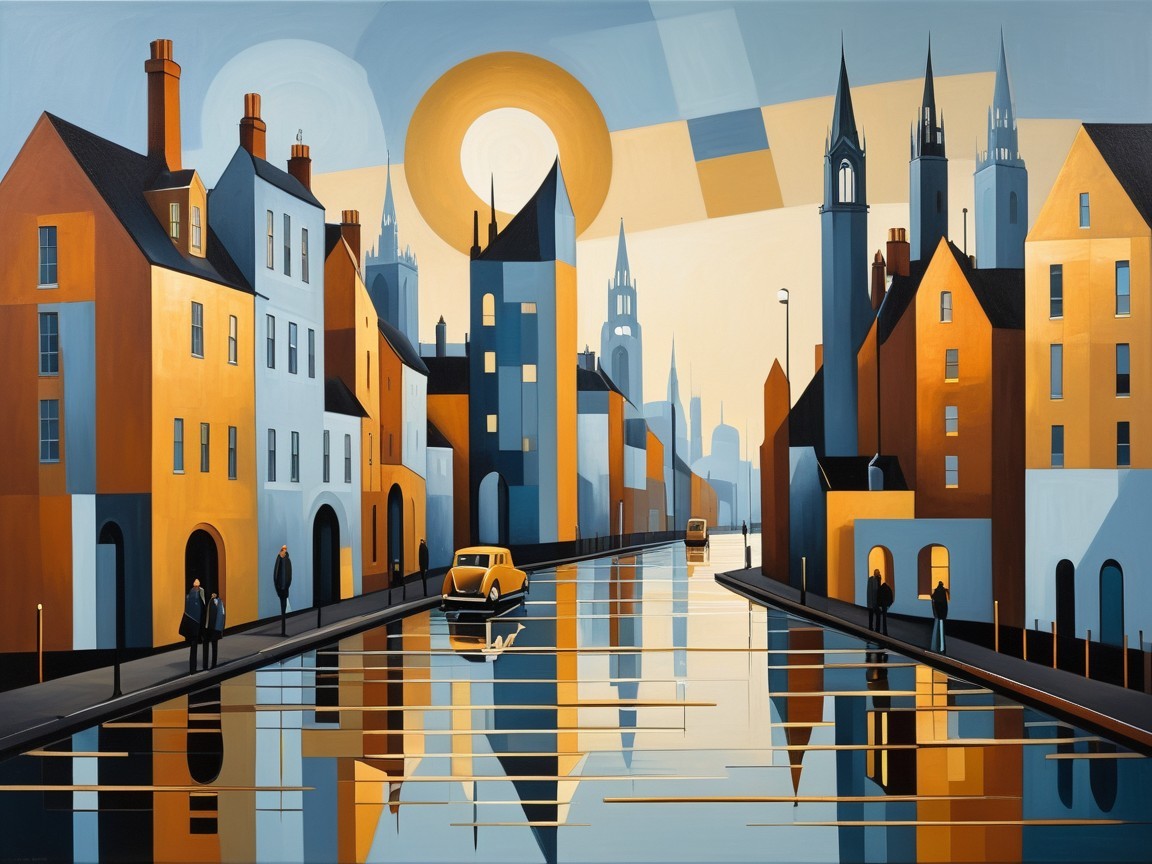 Stylized Urban Landscape with Colorful Buildings and Canal