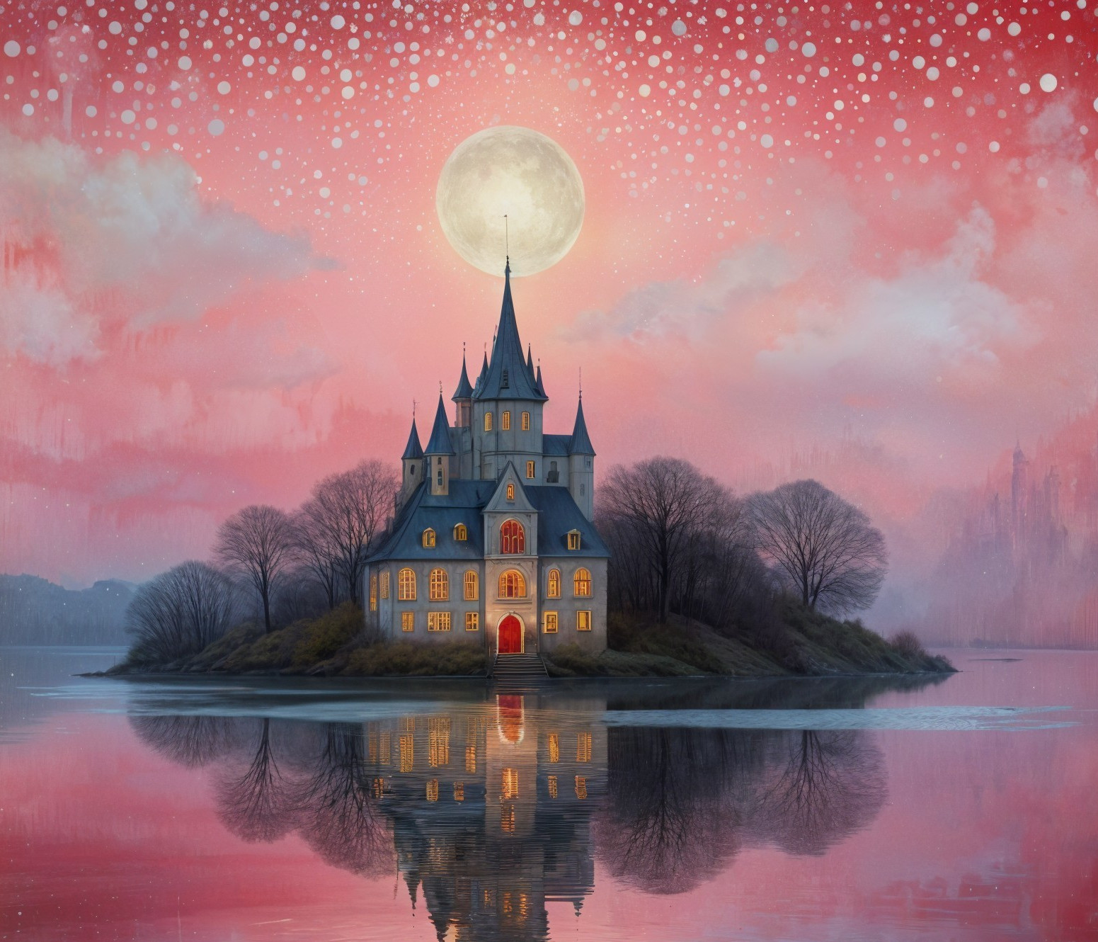 Whimsical Castle on Island Under Full Moon at Twilight
