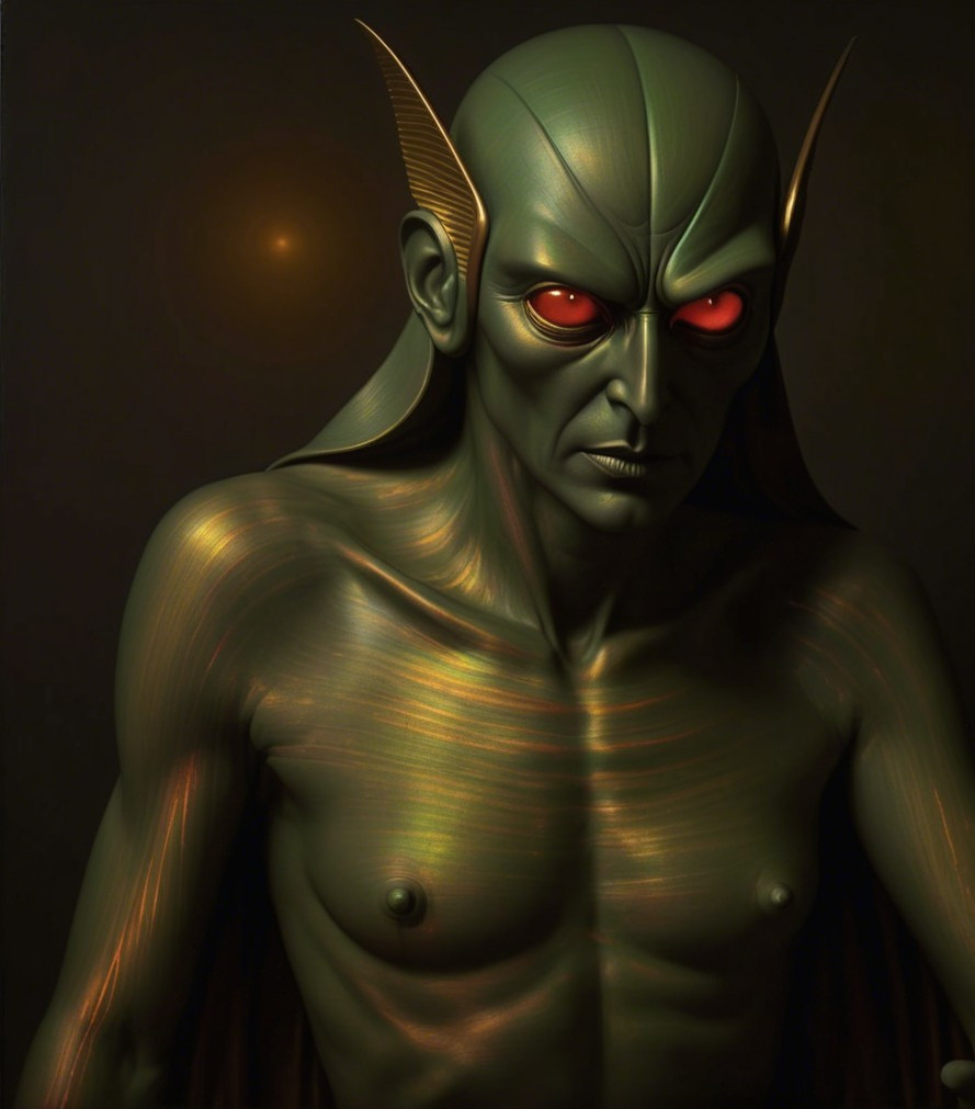 Humanoid Figure with Green Skin and Red Eyes