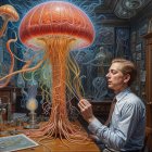 Surreal Scene of Man Examining Bioluminescent Jellyfish
