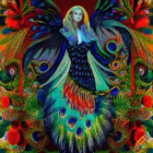 Vibrant Peacock by Serene Lake with Mountains and Flowers