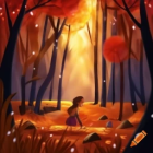 Autumn Forest Scene with Woman and Three Dogs