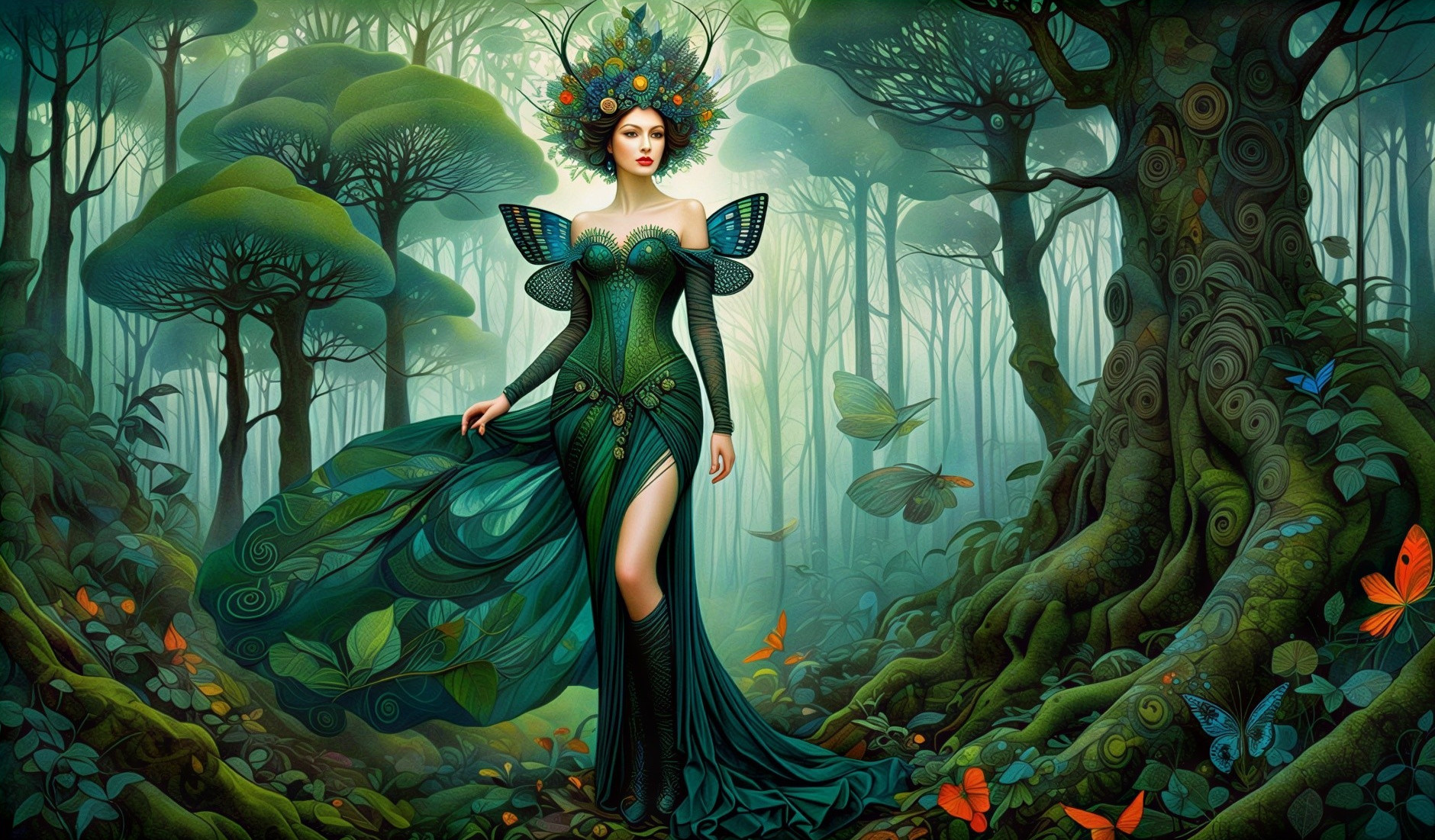 Mystical figure in enchanted forest with butterflies