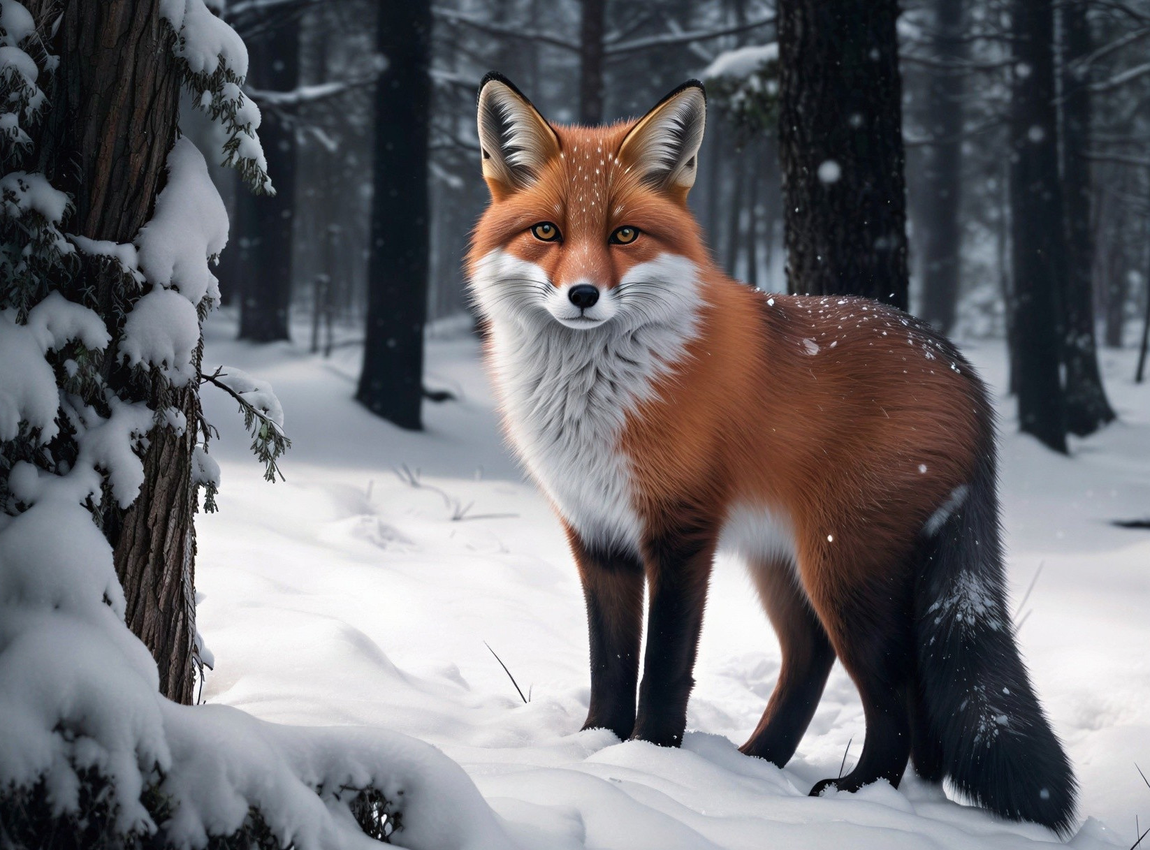 Red Fox in Snowy Forest Setting with Winter Atmosphere