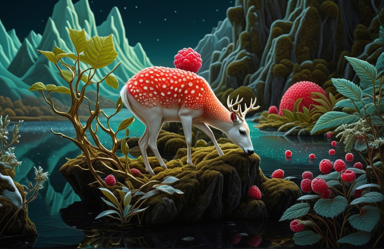 Surreal Landscape with Deer and Giant Raspberries