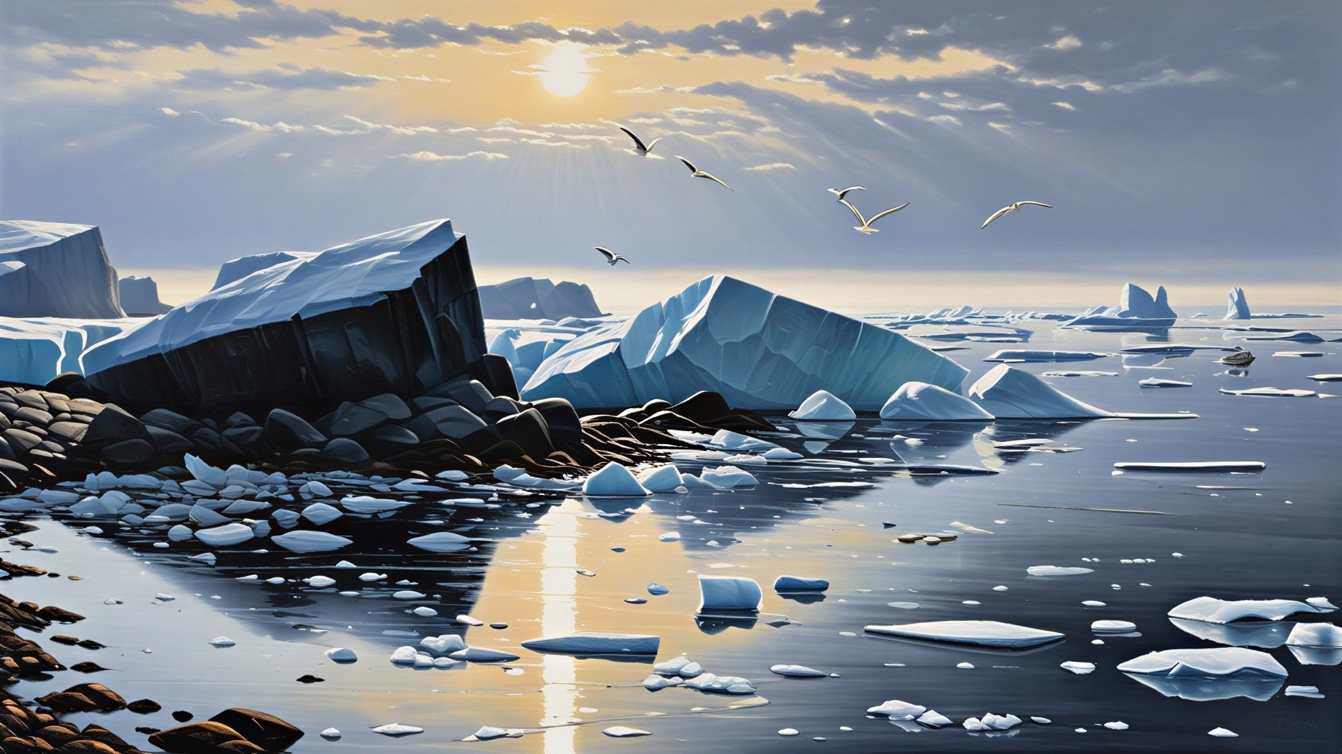 Serene Polar Landscape at Sunrise with Icebergs