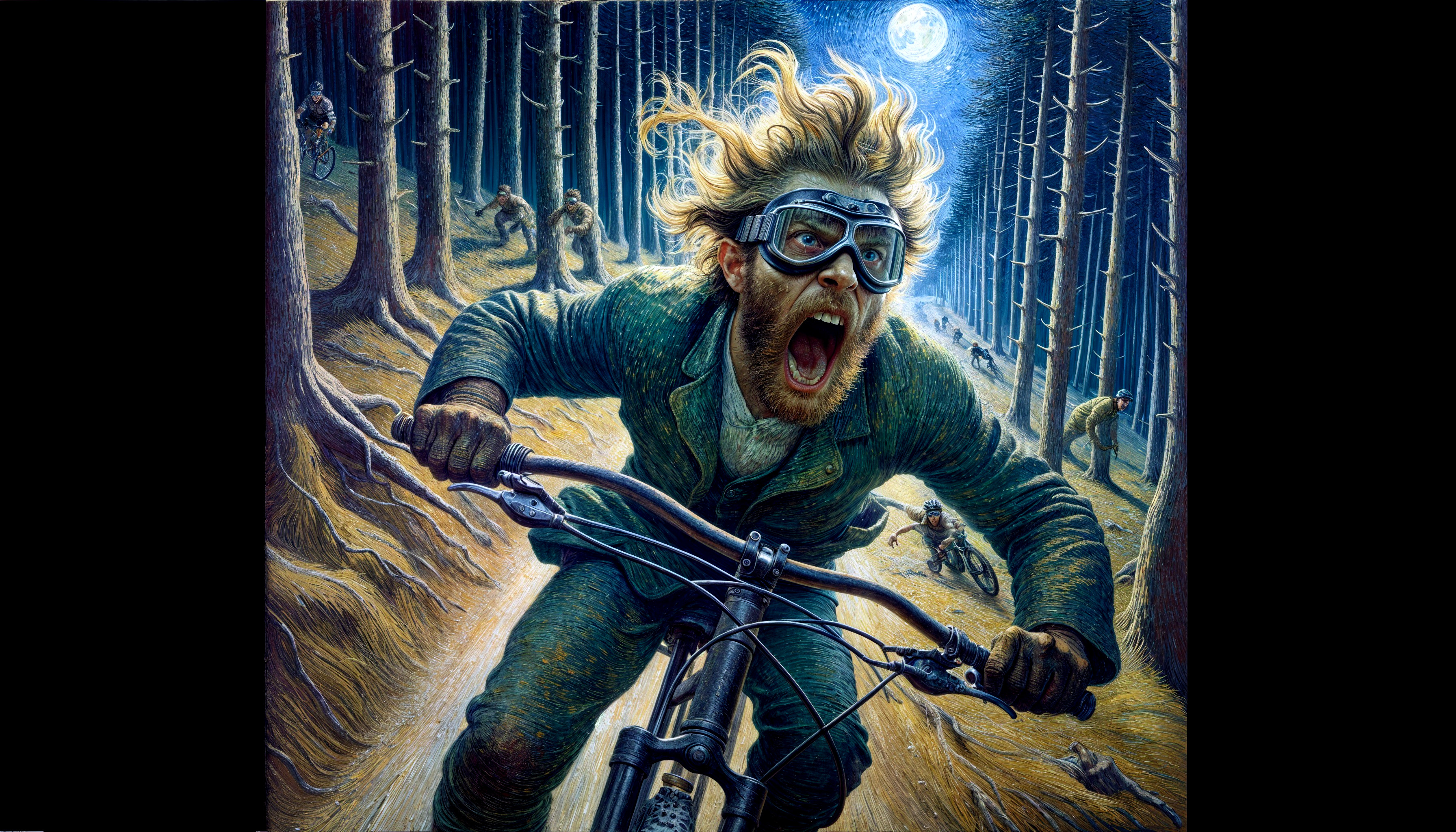 Nighttime Biker Descent in a Pine Forest Illustration