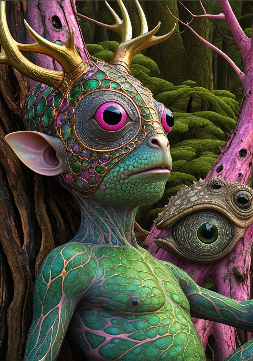 Reptilian Creature with Antlers in Lush Forest Setting