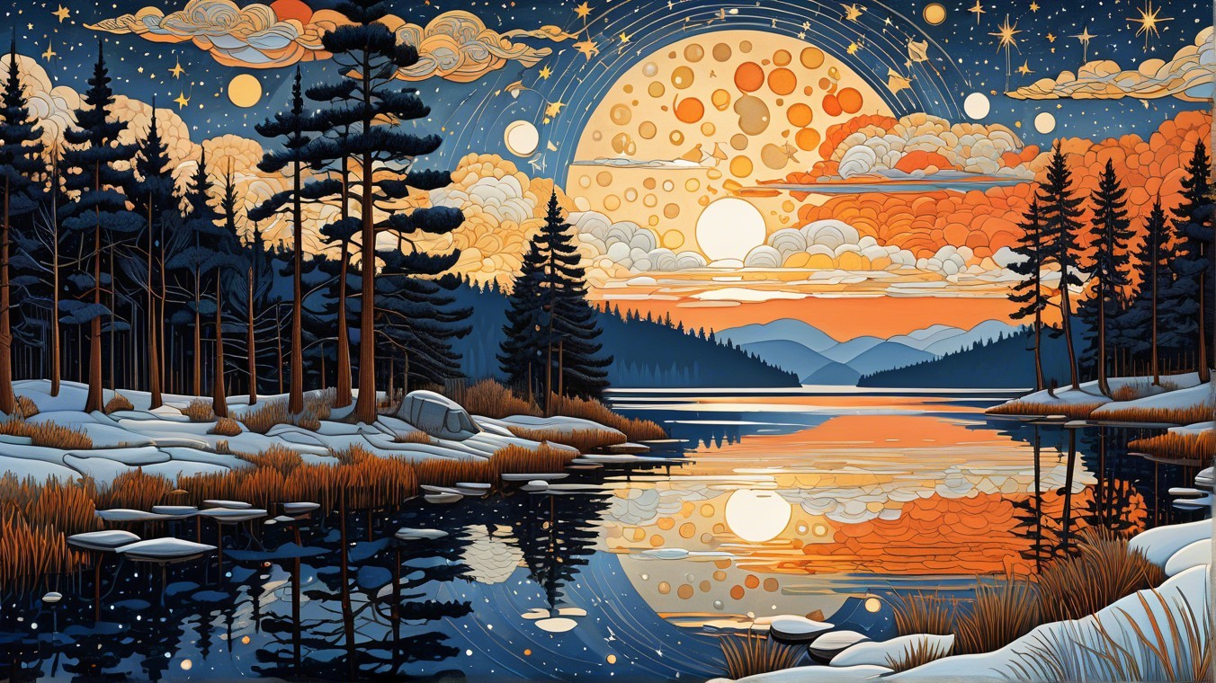 Tranquil Lake at Sunset with Silhouetted Pine Trees