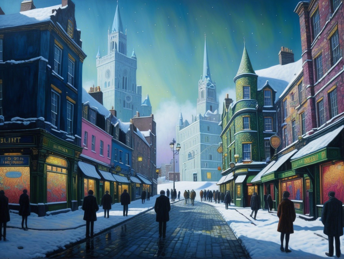 Snow-Covered Street Scene with Colorful Shop Windows