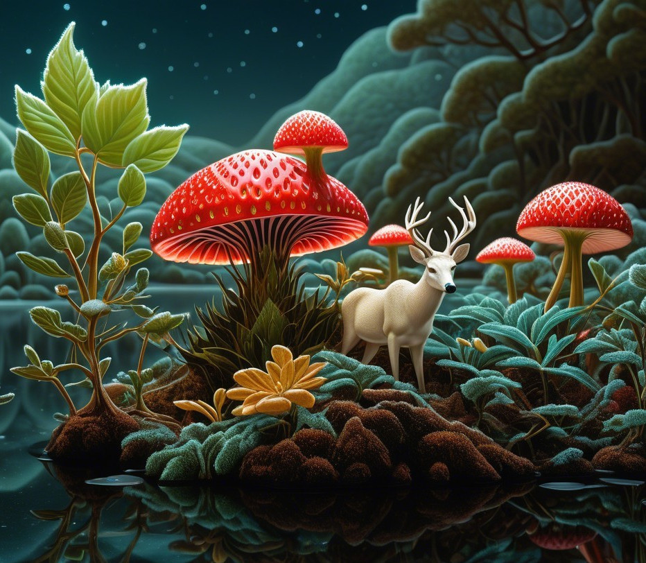 Whimsical Landscape with Red Mushrooms and Deer